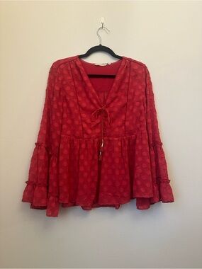 Soft Surroundings Swiss Dot Peasant Blouse Red Boho Bell Sleeve Women’s Small